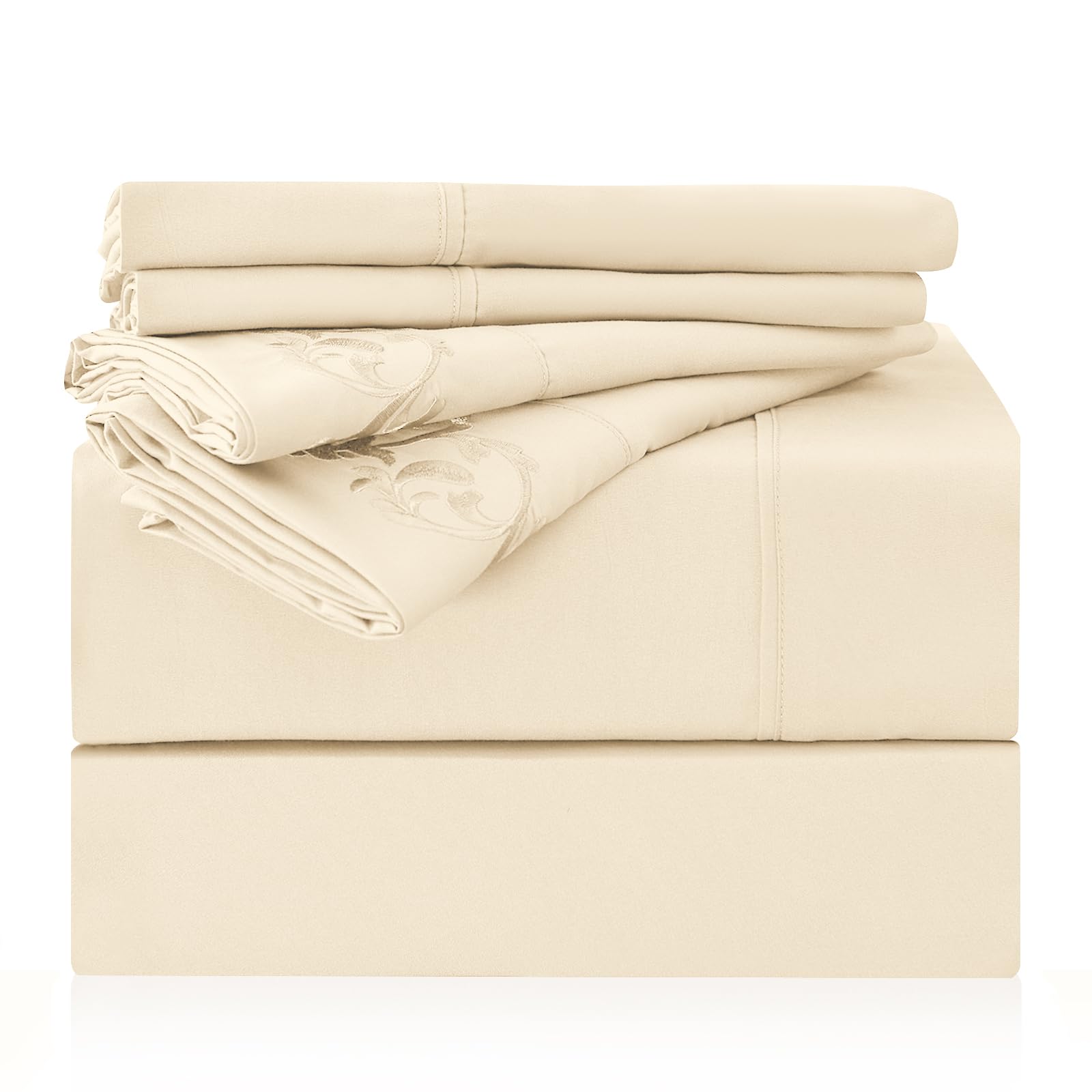 LONAVA Queen Size Sheet Set - 6 Piece Hotel Luxury Wrinkle-Free Microfiber Sheet, Oeko-TEX Certified, Breathable & Elastic, 16" Deep Pockets, Cream
