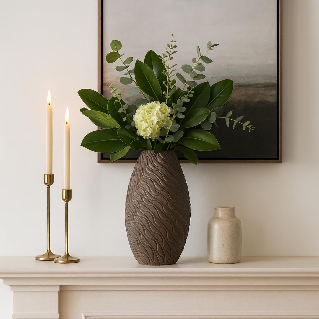 Tall Wavy Textured Vase for Living Room Decor - Decorative Sculptural Home Accent for Bedroom, Office, and Table Display - Modern Flower Vase for House Entryway or Floor Styling - 14", Brown