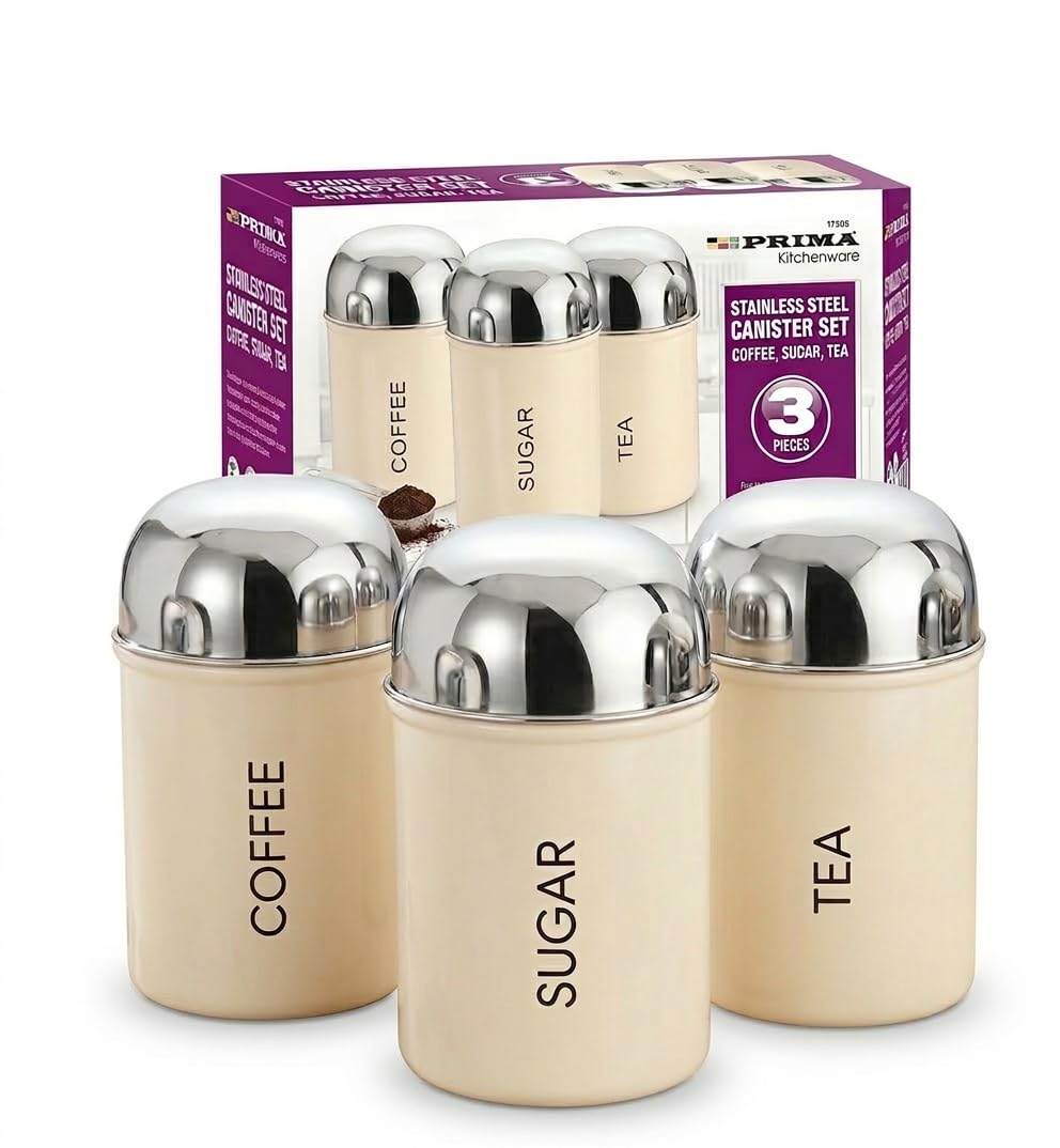 SALTEASY 3pcs Tea Coffee Sugar Canisters Set, Stainless Steel Round Food Storage Jars, Decorative Red Kitchen Storage Containers, Multipurpose Kitchen Organizer, Easy Clean (Cream)