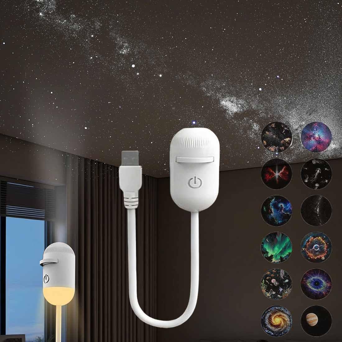 Proiettore galassia 2 in 1 con luce notturna, con 3/6/12 pellicole scorrevoli, per luce portatile USB con cielo stellato, rotazione a 360°, con luminosità dimmerabile per camera da letto. (12pcs)