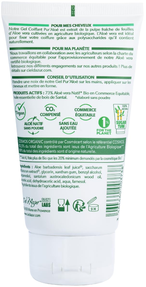 Ciel d'Azur Labs  Frisiergel  73% Aloe Vera Bio & fair  starke  Fixierung, spendet Feuchtigkeit und Struktur  zertifiziert von Kosmos  Organic  99% natrlicher Herkunft  Tube 150 ml : Amazon.de: Kosmetik