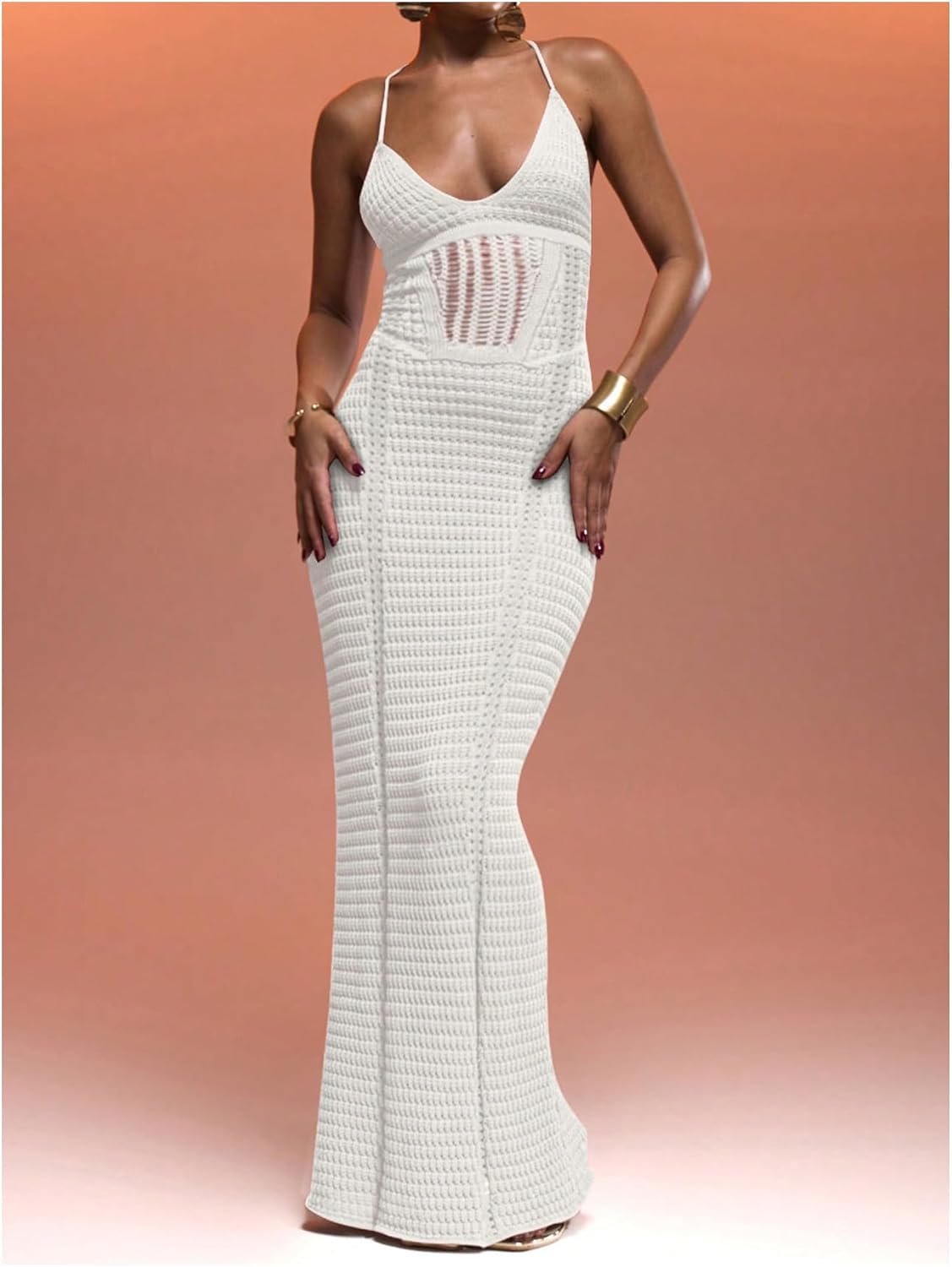 GORGLITTER Women's Crochet Knit Maxi Dress Lace Up Bodycon Beach Cover up Dresses - Image 5