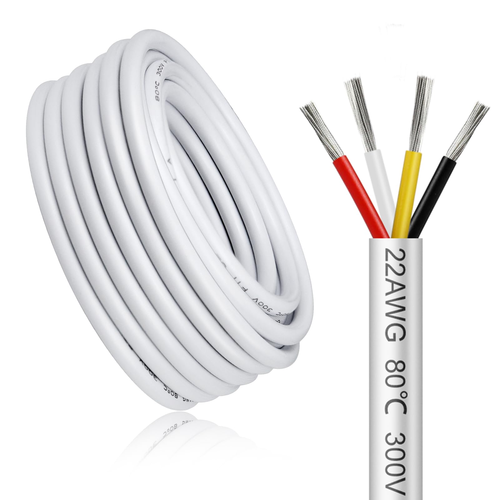 Cable Eléctrico 22 AWG 4x0,3mm² de 30 Metros, Blanco Cable Flexible de 4 Hilos de Cobre Estañado para 5V/12V/24V Blanco, Resistente a Altas Temperaturas, para LED, Automoción y Electrónica