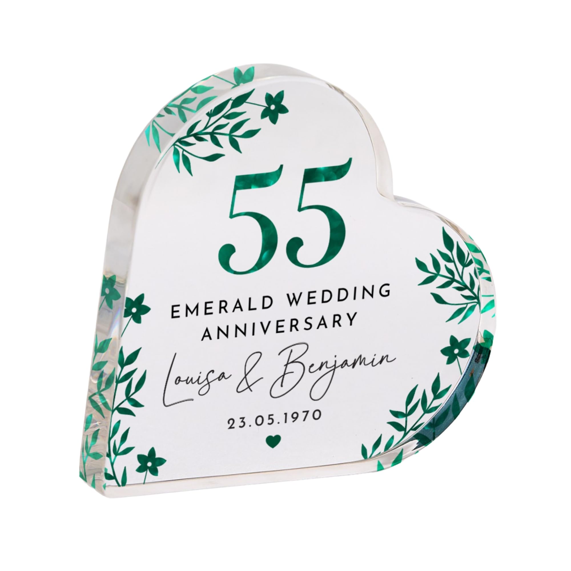 Pomchick - Personalised 55th Wedding Anniversary Emerald Anniversary Heart-Shaped Acrylic Plaque Keepsake with Names Date Elegant Green Floral Gift