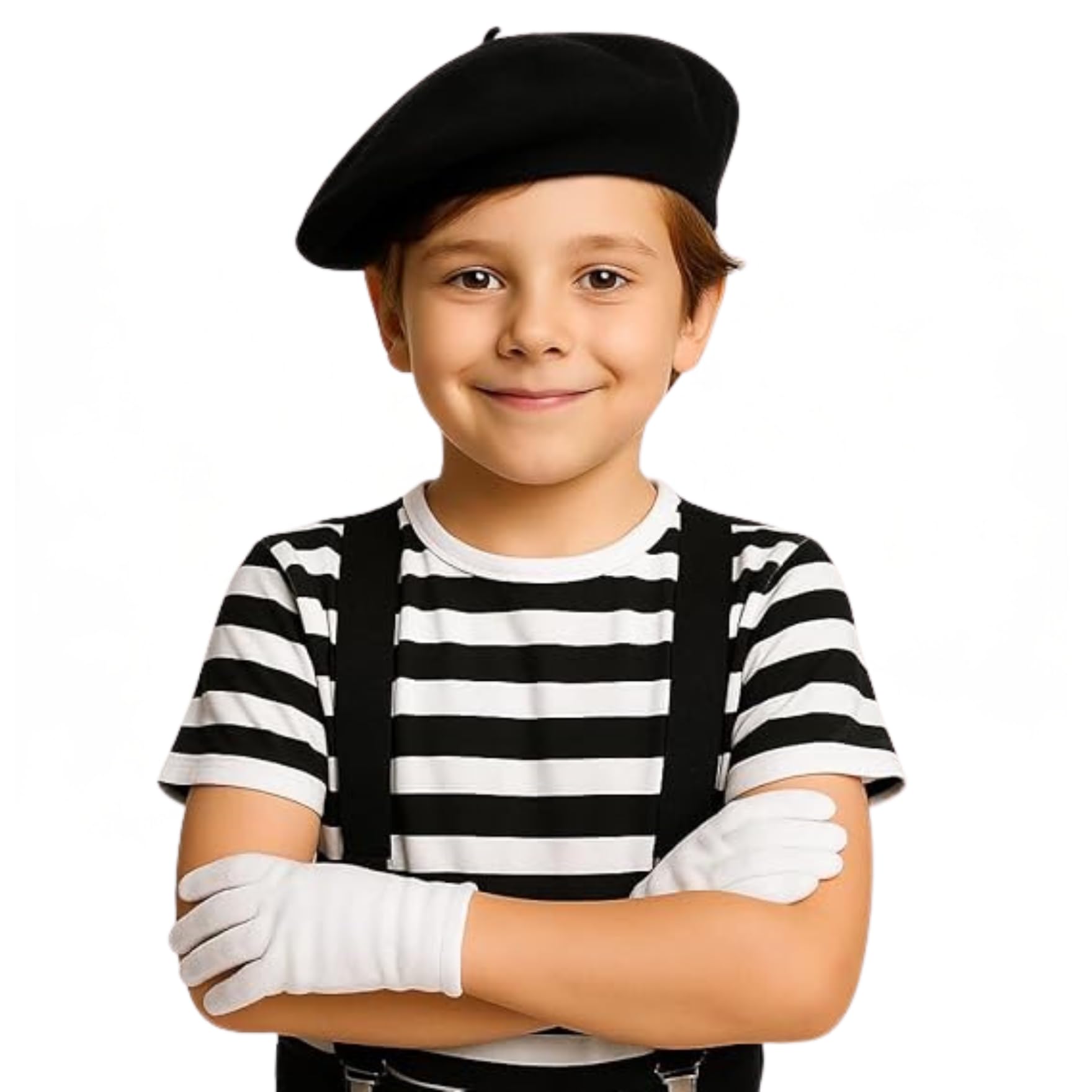 labreeze Kids Black and White Stripe T-Shirt, Black Beret Hat, White Gloves & Black Braces Set – Boys French Mime Fancy Dress Costume Outfit – World Book Day (7-8 Years)
