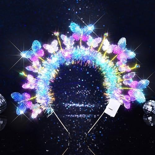 Aularso Light Up Beaded Headband Crown Glowing Sea Shell Headwear Butterfly Princess Headpieces for Women and Girls (Blue-A, one size)