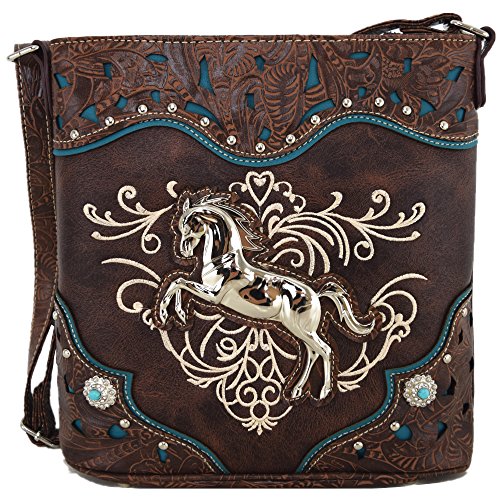 Western Style Horse Purse Embroidered Floral Rhinestone Studs Crossbody Handbags Cowgirl Country Women Single Shoulder Bag