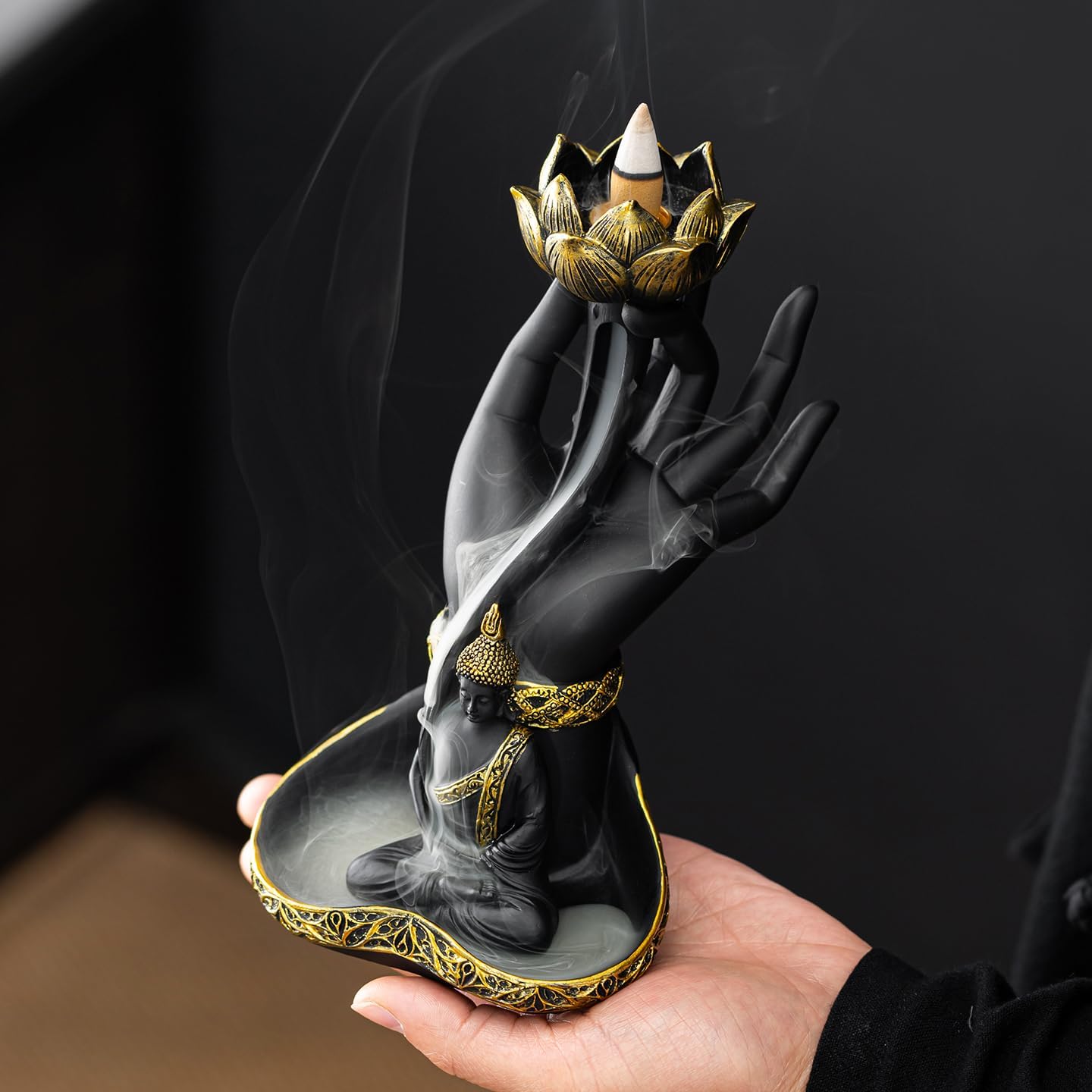 7.9 inch Resin Buddha Hand Backflow Incense Burner with Lotus | Waterfall Incense Holder, For Aromatherapy & Meditation, Home Decor & Yoga Room, Gift for Spiritual & Relaxation Lovers