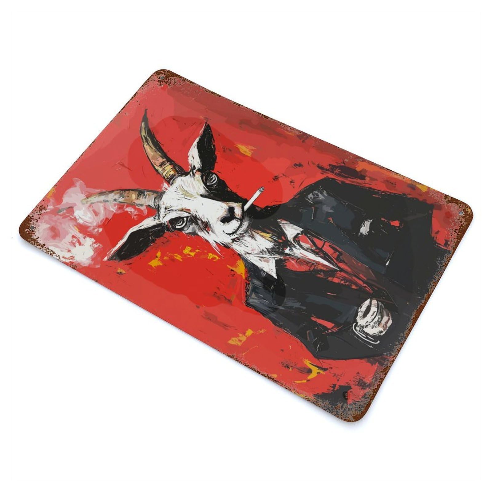 Rust Effect Goat in Suit Smoking Cigarette Weathered Tin Sign 11.8"x7.9", Shabby Chic Decor for Cafe, Home Bar And Lounge Decor