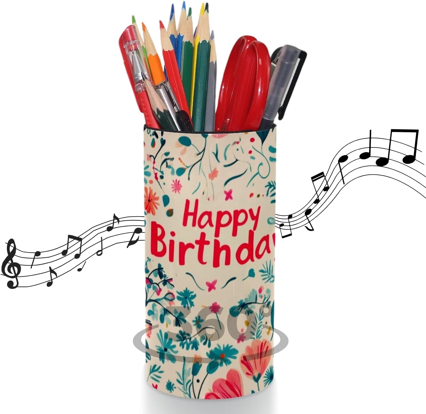 Music Box Pen Holder Stand for Desk, Iron & Leather Pencil Makeup Brush Organizer, Rotating Musical Figure Present for Home, Birthday (Birthday Flowers - Christmas Song)