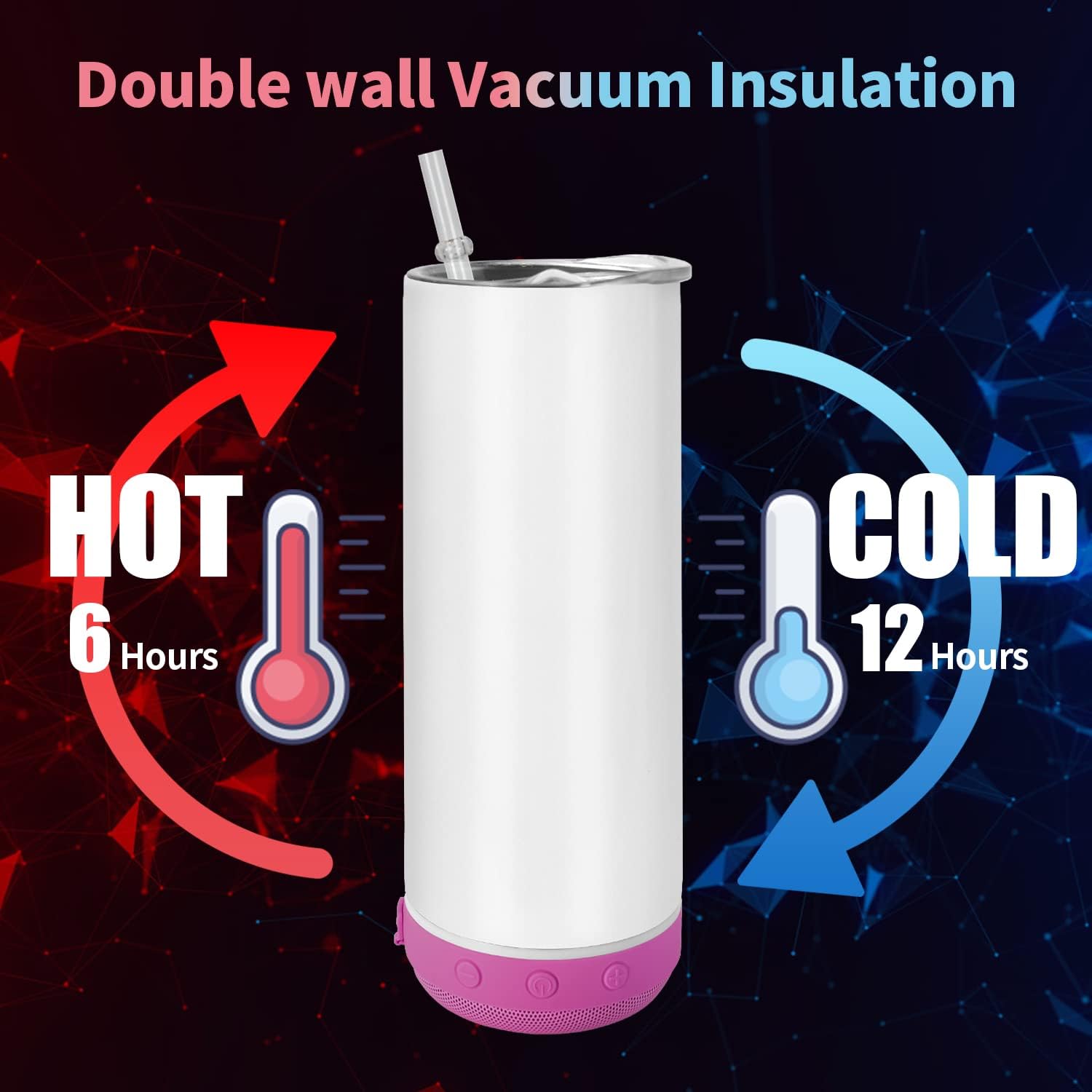 AGH 6 Pack Music Speaker Straw Lid Cup, 20oz Sublimation Skinny Stainless Steel Double Wall, Speaker Tumbler with Detachable LED Light, DIY Gifts (Multicolor) - Image 4