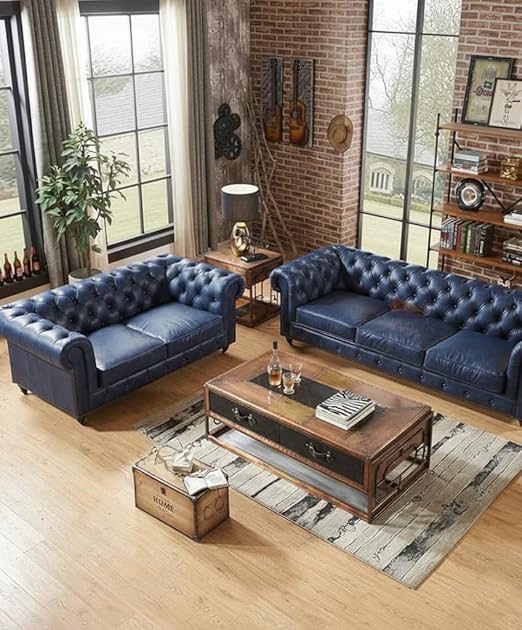 Image of UMAR ARTS Luxury Chesterfield Leatherate Sofa Set, Tufted Genuine Leatherate, Classic Living Room Furniture (Blue 3+2)