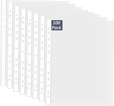 Punched Pockets A4 Plastic Wallets, 100 Pack Clear, 80 Micron Polypropylene Sleeves for A4 Paper, Waterproof, School, Office, Home