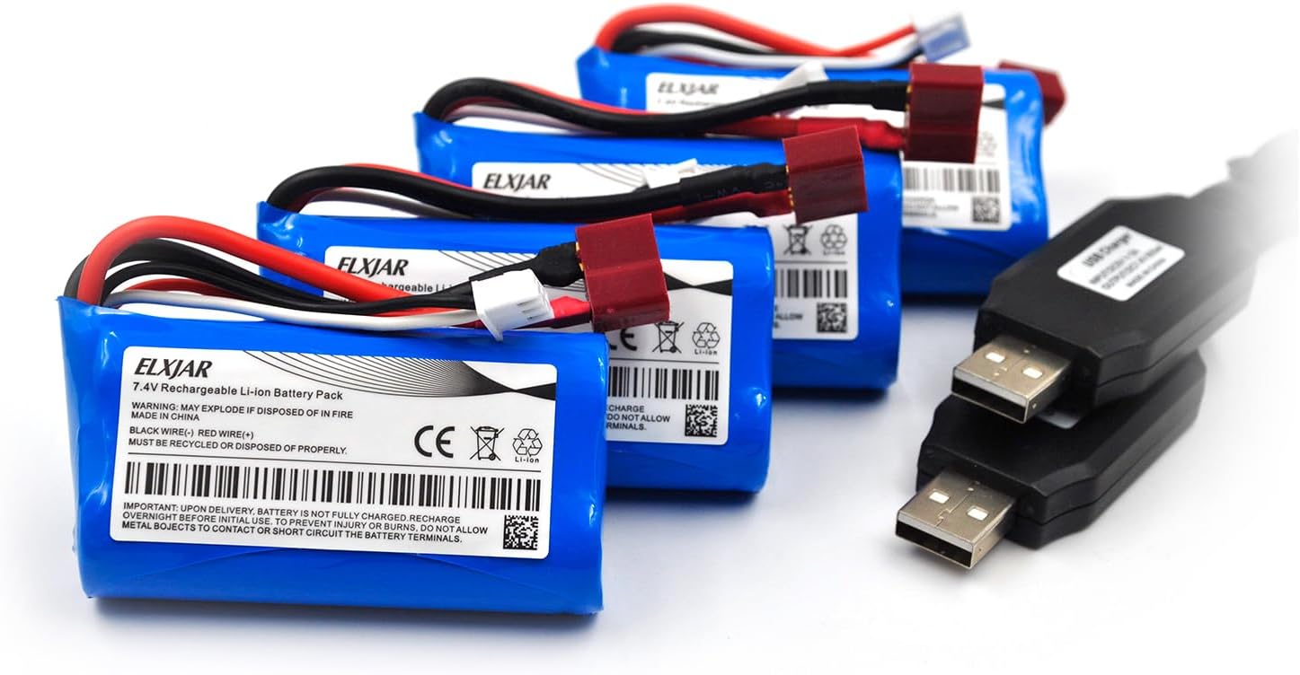 (4-Pack) 7.4V 1500mAh 15C T-Plug Lithium Replacement Battery for OTYS 12423 12401 12403 12428 HM163 HM164 YC200 9155 9156 4WD High Speed Off-Road RC Car