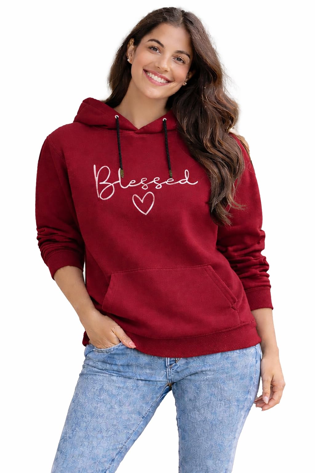 Women's Blessed Hoodie, Pink, Long Sleeve Pullover with Front Pocket, Heart Graphic Design Sweatshirt-image-4