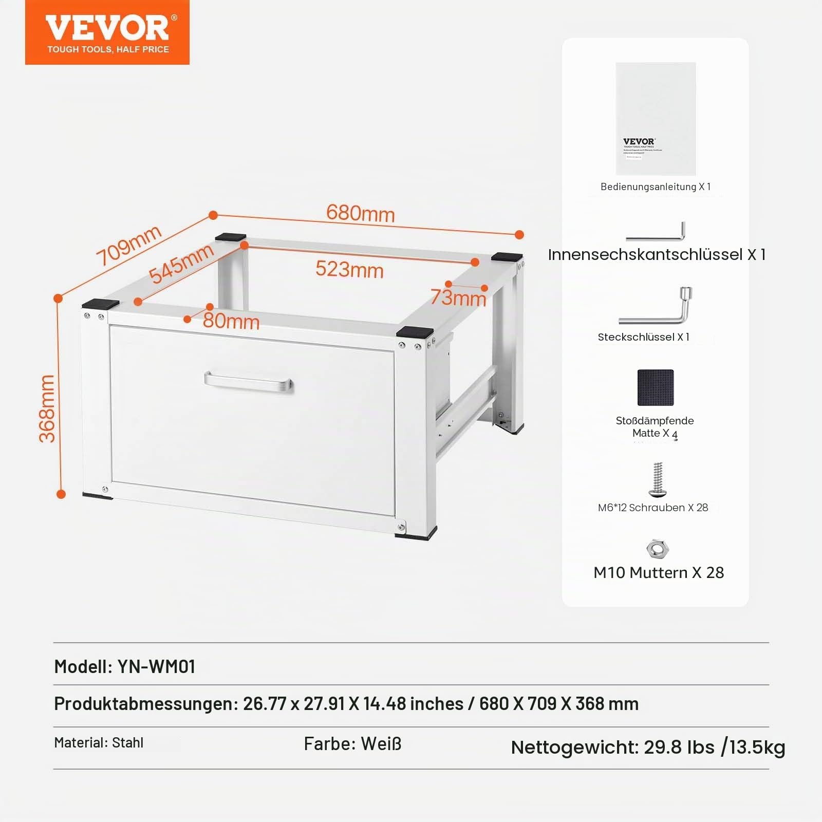 VEVOR Wäscheständer, 711,2 x 685,8 x 363,22 mm, Standplattform für Waschmaschine und Trockner, 299,4 kg Kapazität