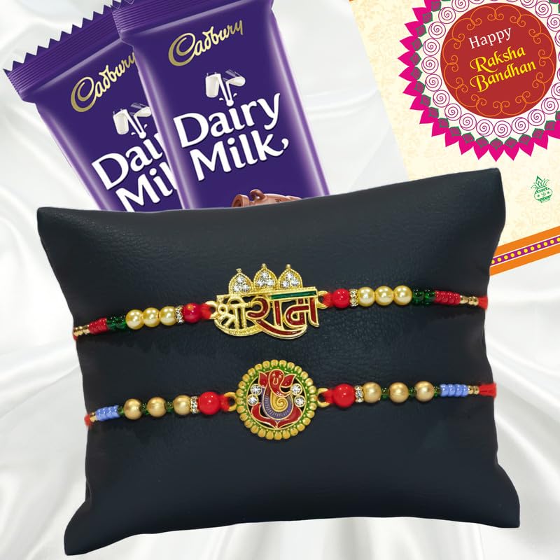 Image of Canton Rakhii Gift for Brother with Chocolate - Designer Rakhi for Brother with Cadbury Gift Hamper Pack, Roli Kumkum & Greeting Card (Design-15, 2 Rakhi + Cadbury)