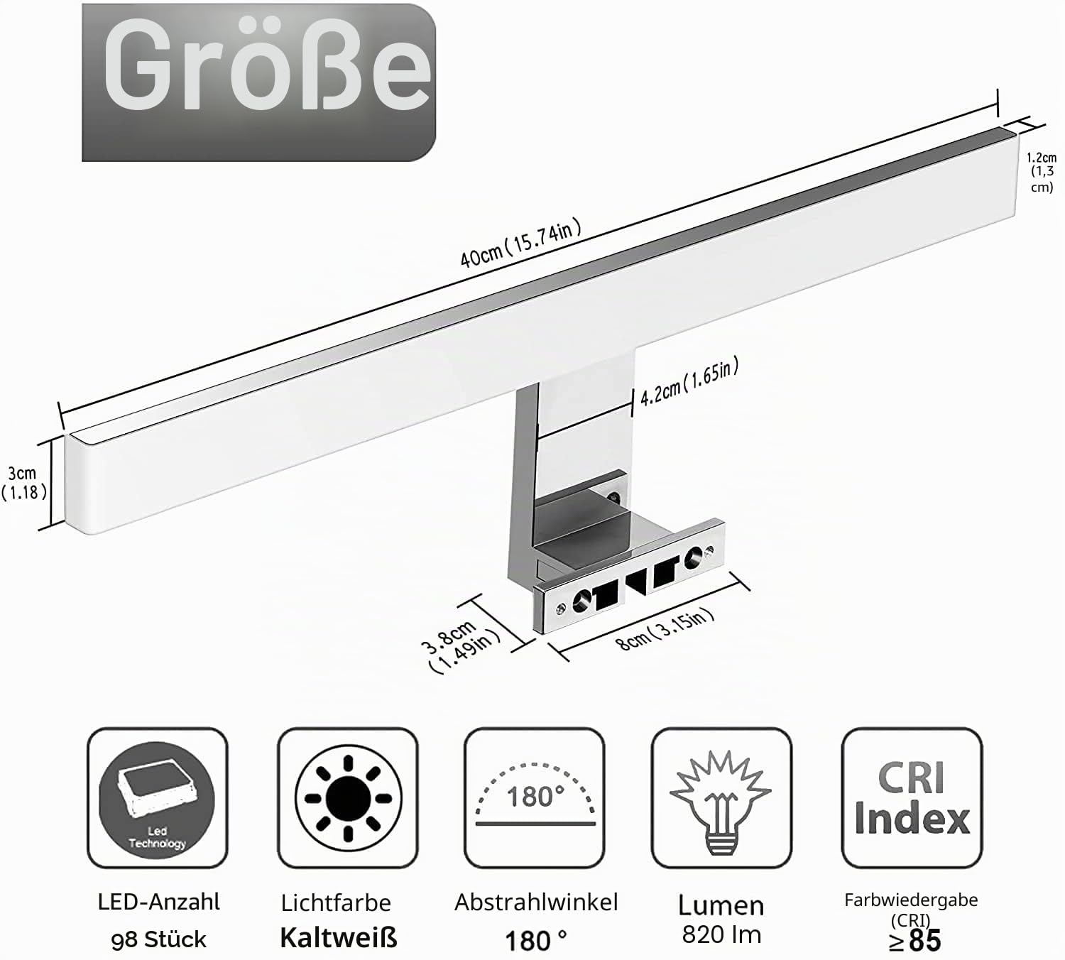LED Spiegelleuchte Badezimmer 10W 820LM 40cm Neutralweiß 4000K,3in1 Montage 230V Wandleuchte Spiegellampe 400mm,Kein Flimmern Badezimmerschrank Spiegelleuchten