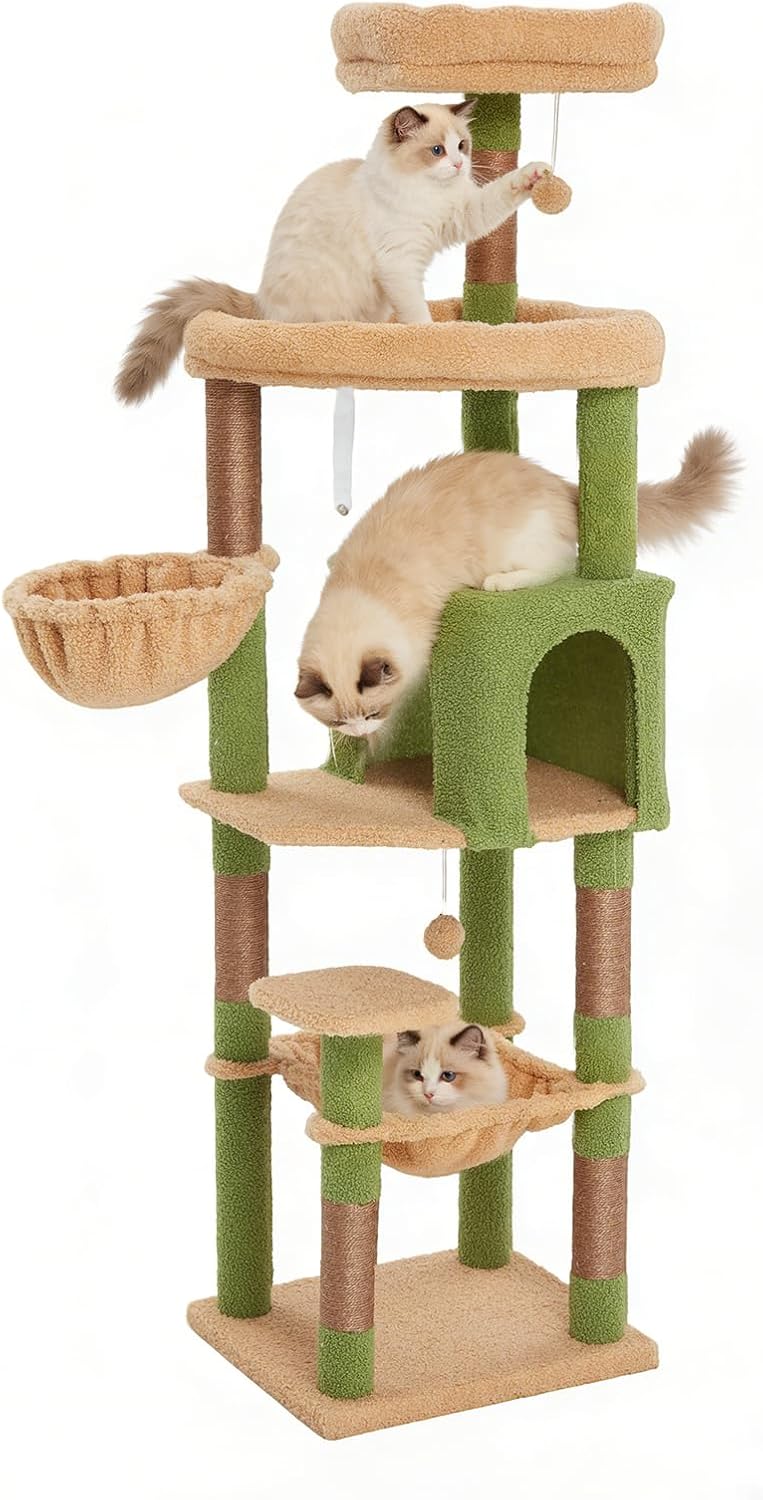 67-Inch Cat Tree with Bed, Hammock, Observation Deck, Plush Platform & Toy Ball for Indoor Cats (Green + Yellow)