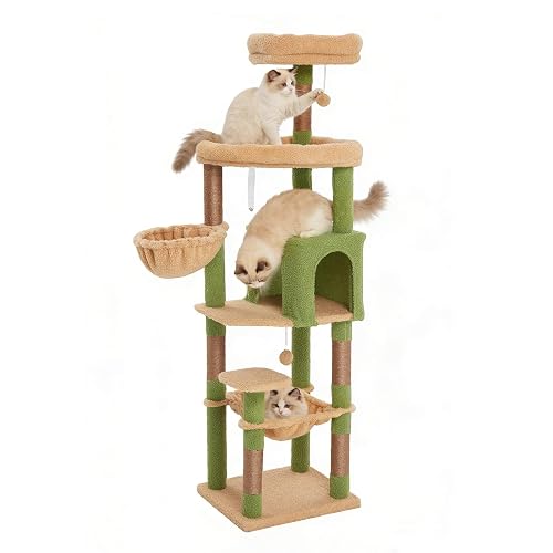 67-Inch Cat Tree with Bed, Hammock, Observation Deck, Plush Platform
