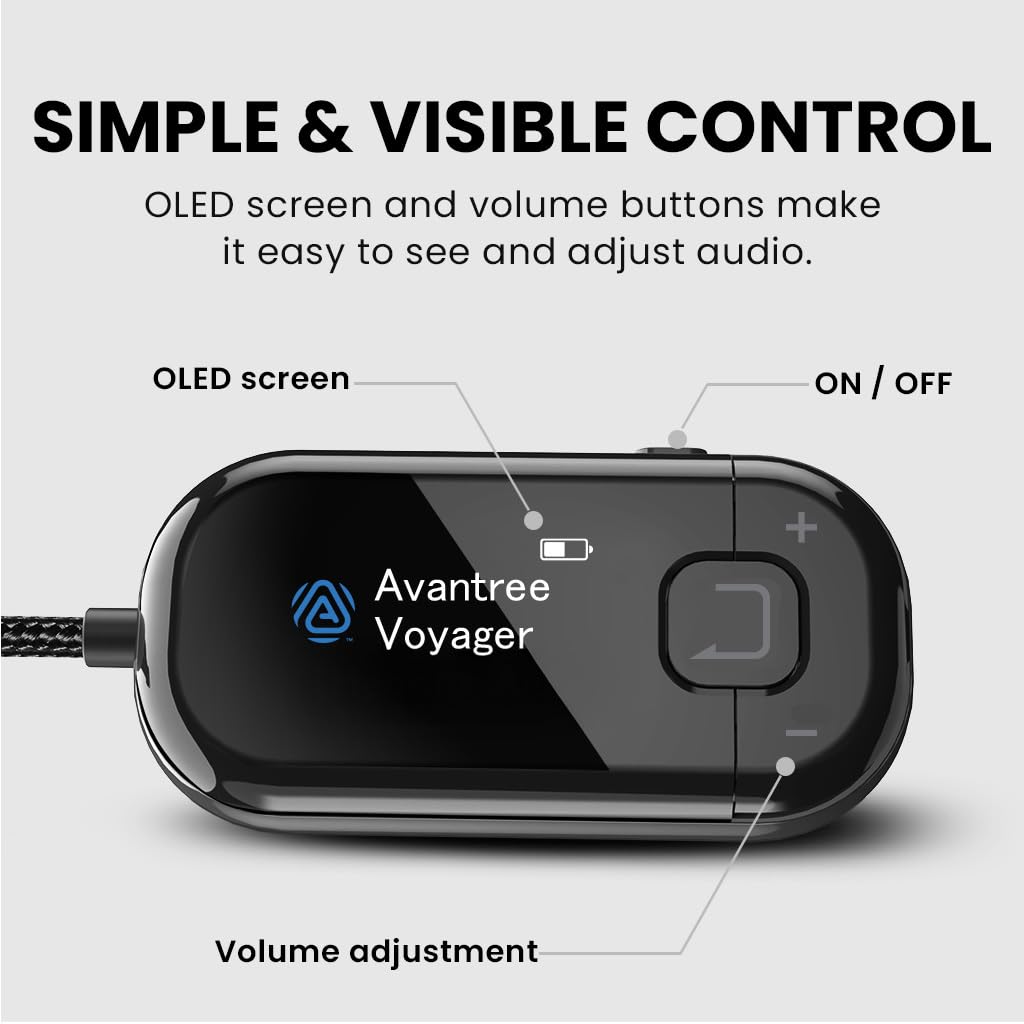 Avantree Voyager HA – Nadajnik audio Auracast i Bluetooth 5.4 do słuchawek z wyświetlaczem i regulacją głośności, układem Qualcomm, możliwością aktualizacji oprogramowania, wejściem AUX do telewizora