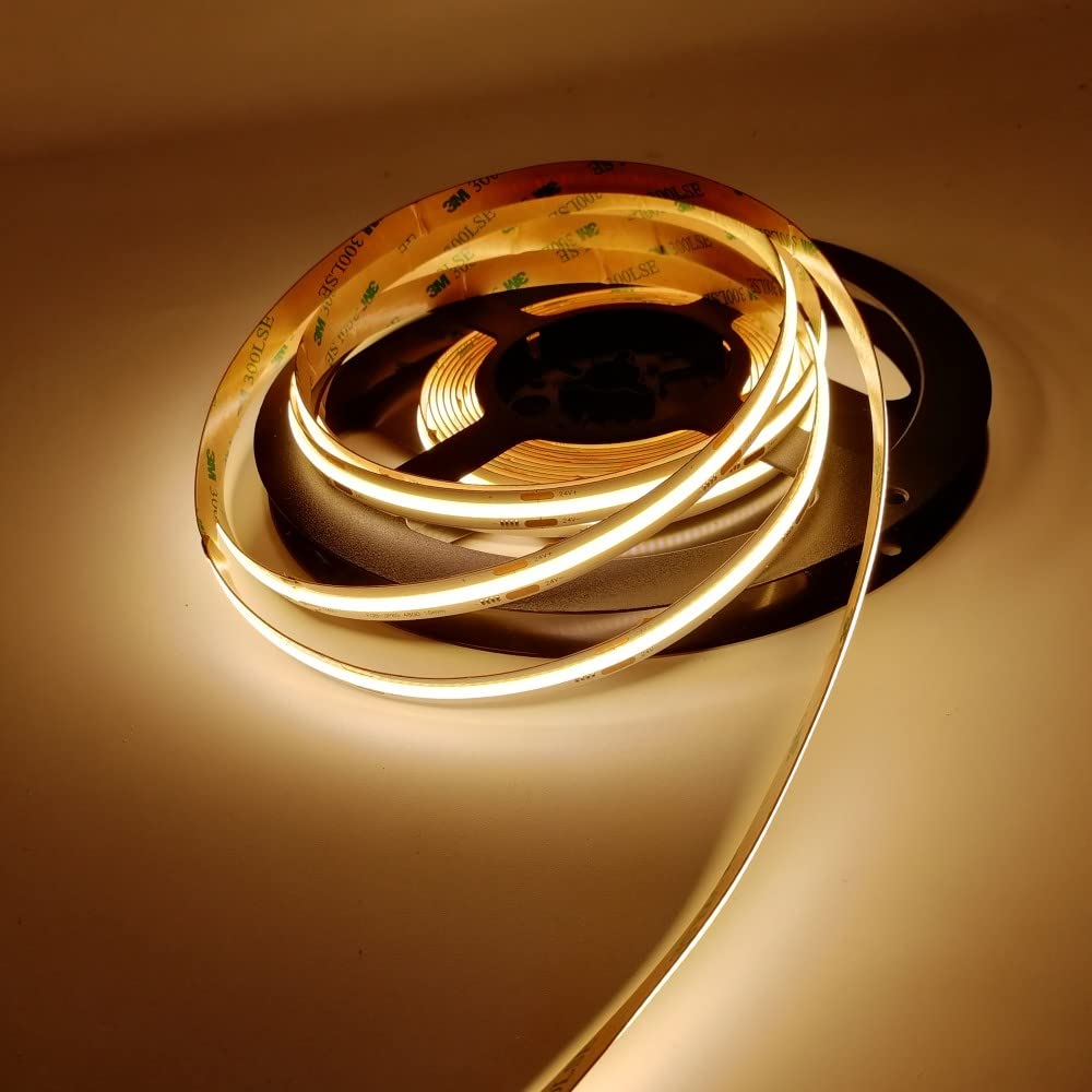 Rotolo 5 Metri Striscia Led COB 10 W/M Luce Continua 5 Mt 24 V con Biadesivo Mod. Premium (3000 K Luce Calda (Warm White))