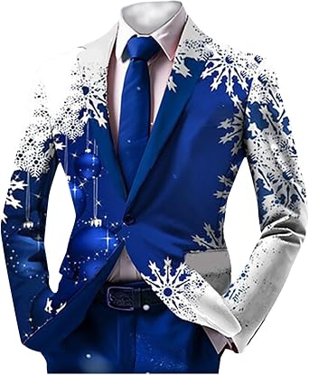 Mens Christmas Blazer Ugly Jacket Lightweight Xmas Snowflake Printed One Button Business Office Jacket Work Blazers