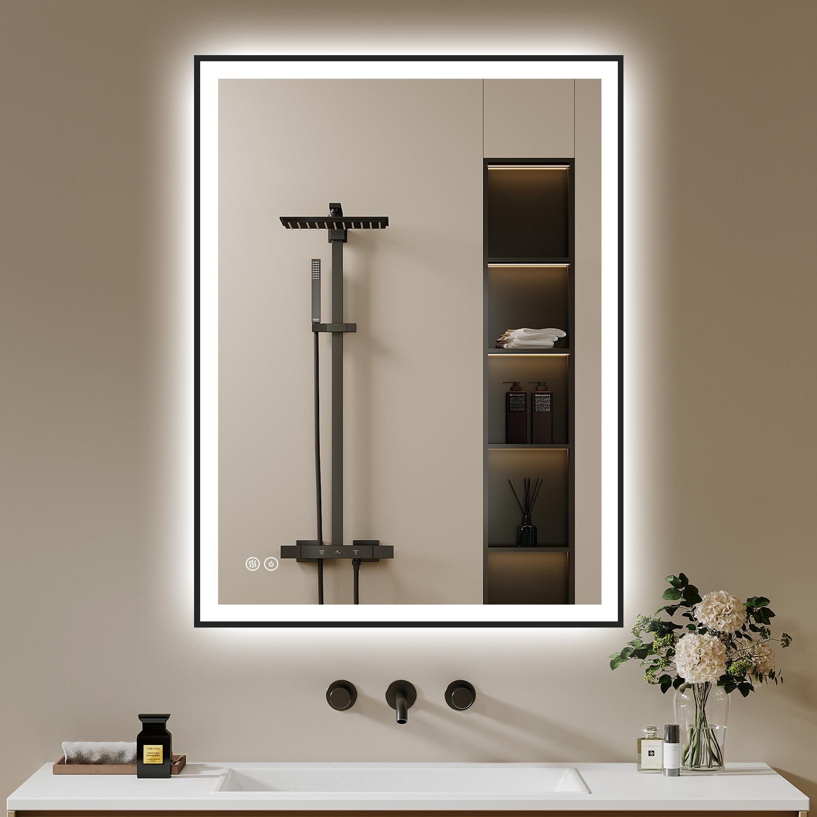 Badspiegel-mit-Beleuchtung 80x60cm - Badezimmerspiegel LED Badezimmer Spiegel mit Beleuchtung - Beschlagfrei, Dimmbar, 3 Lichtfarben, Led-Spiegel-Bad Schwarz Metallrahmen Horizontal/Vertikal