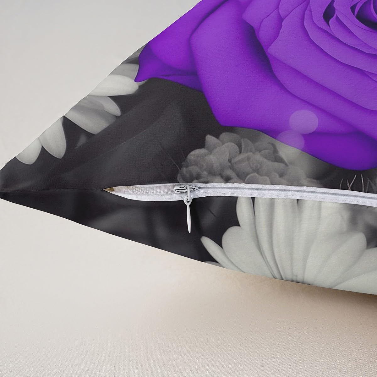Rose Throw Pillow Covers 22x22 Inch Set of 2, Purple Rose Floral Pillow Covers, Romantic Flower Cushion Covers for Couple Lovers, Black Grey Blossom Garden Valentine Decor Decorative Pillow Covers