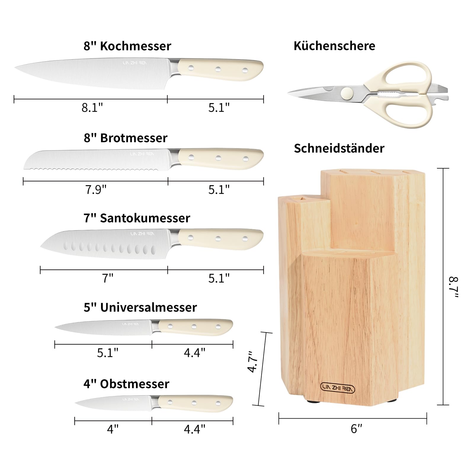 Messerset mit Block 7-teilig, Profi Küchenmesser Set aus hochwertigem Edelstahl, Full-Tang Kochmesser, Santokumesser, Brotmesser & Küchenschere, Ergonomische Griffe, inkl. Echtholz Messerblock（Weib）