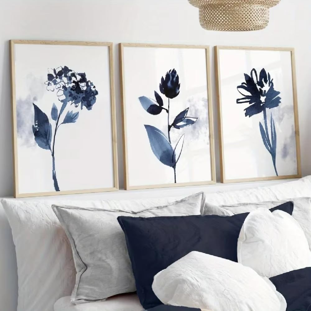 DFZEWKI Frameless Blue Plant Art,Retro Flower Bana Plant Poster,Simple Canvas Painting for Bedroom and Living Room(30x40cm(12x16in) x3/No frame)