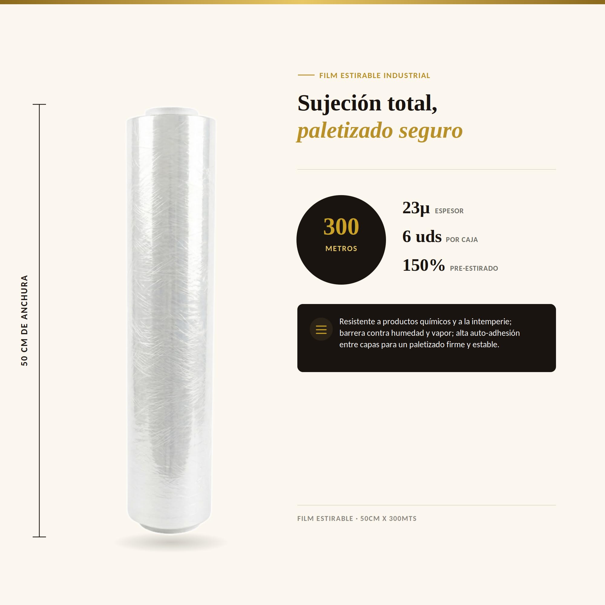 Film Estirable Transparente Manual – Pack 6 Rollos 50cm x 300mts x 23 Micras | 1800mts Totales | Embalaje Industrial, Mudanzas, Estudios de Tatuaje y Paletizado Profesional