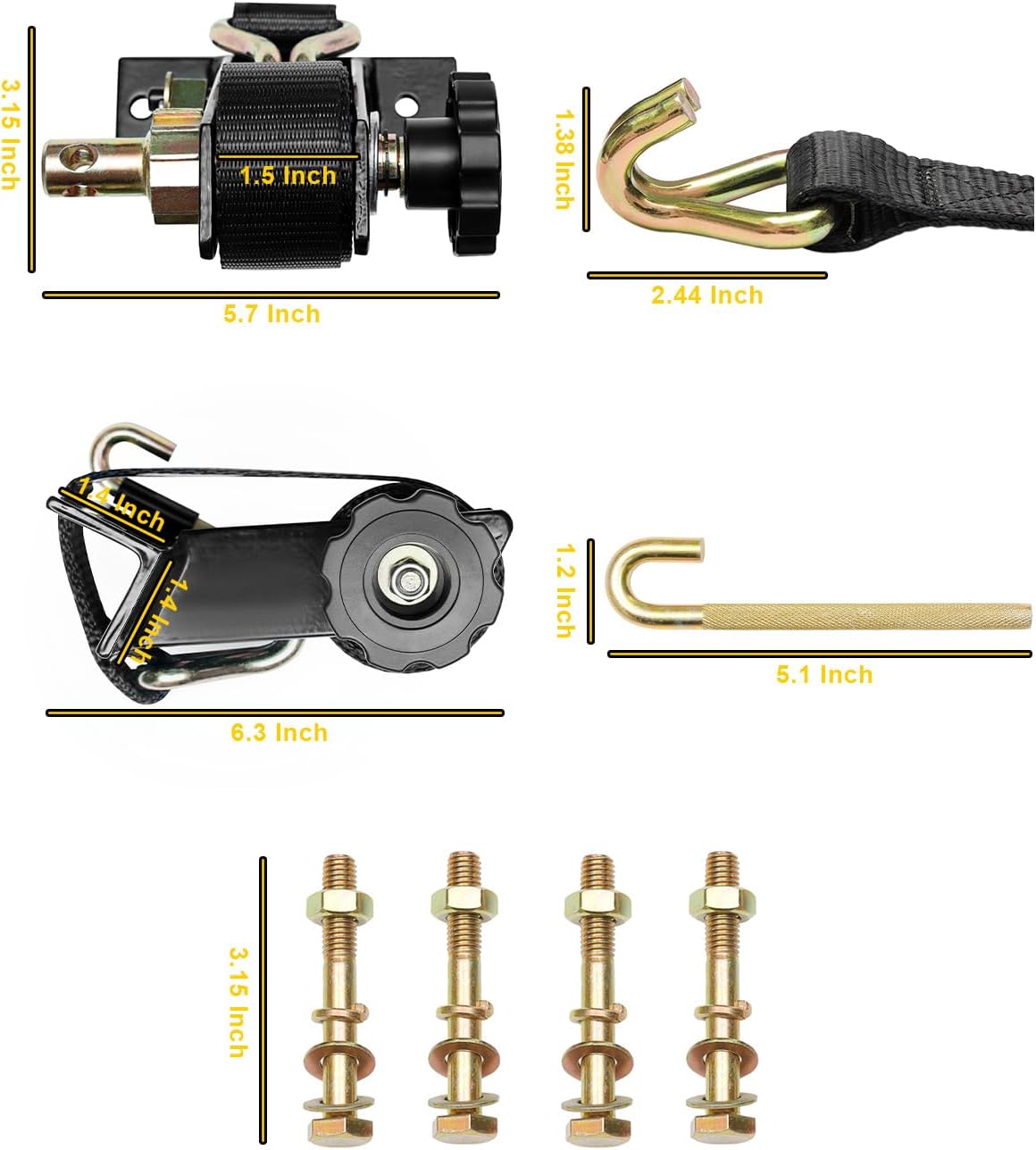 Ladder Rack Ratchet Straps with J-Hook (4 PCS), 1.4" Black Square Tube Mount, 1.5" Wide x 7.5' Long Black Retractable Ratchet Tie Down Strap Roof Rack, 500 lbs Load Heavy Duty, Cargo Buckle Lock Strap - Image 5