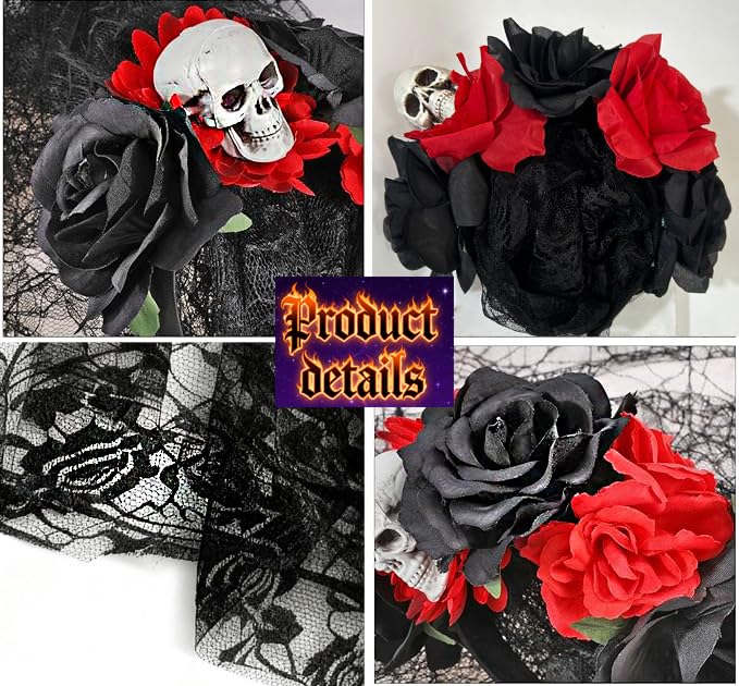 Taodyans Halloween Headband with Black Veil, Floral Crown Gothic Skull Headpiece, Day of The Dead Costume Accessories (Little Skull) - Image 3