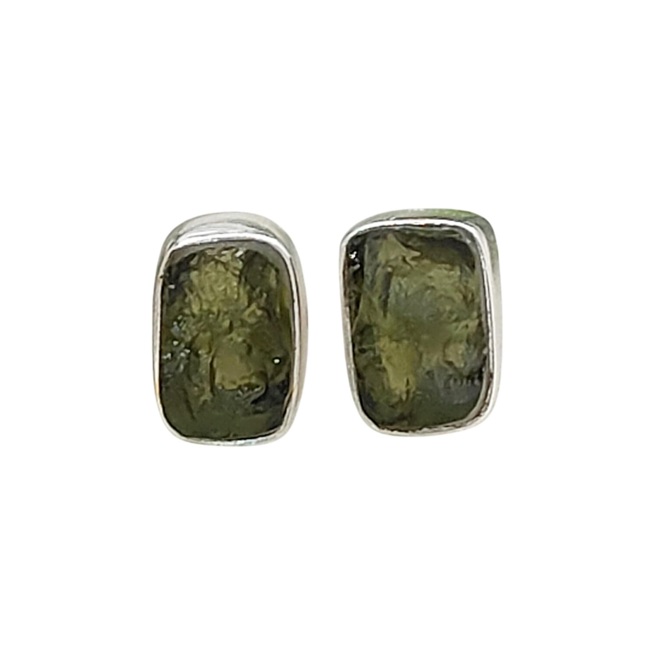 Rectangle Raw Moldavite Stud Earrings Handmade in 925 Sterling Silver Minimalist Collet Set Natural Green Tektite Crystal, Lightweight and Elegant Jewelry for Women-Selling Per Pair