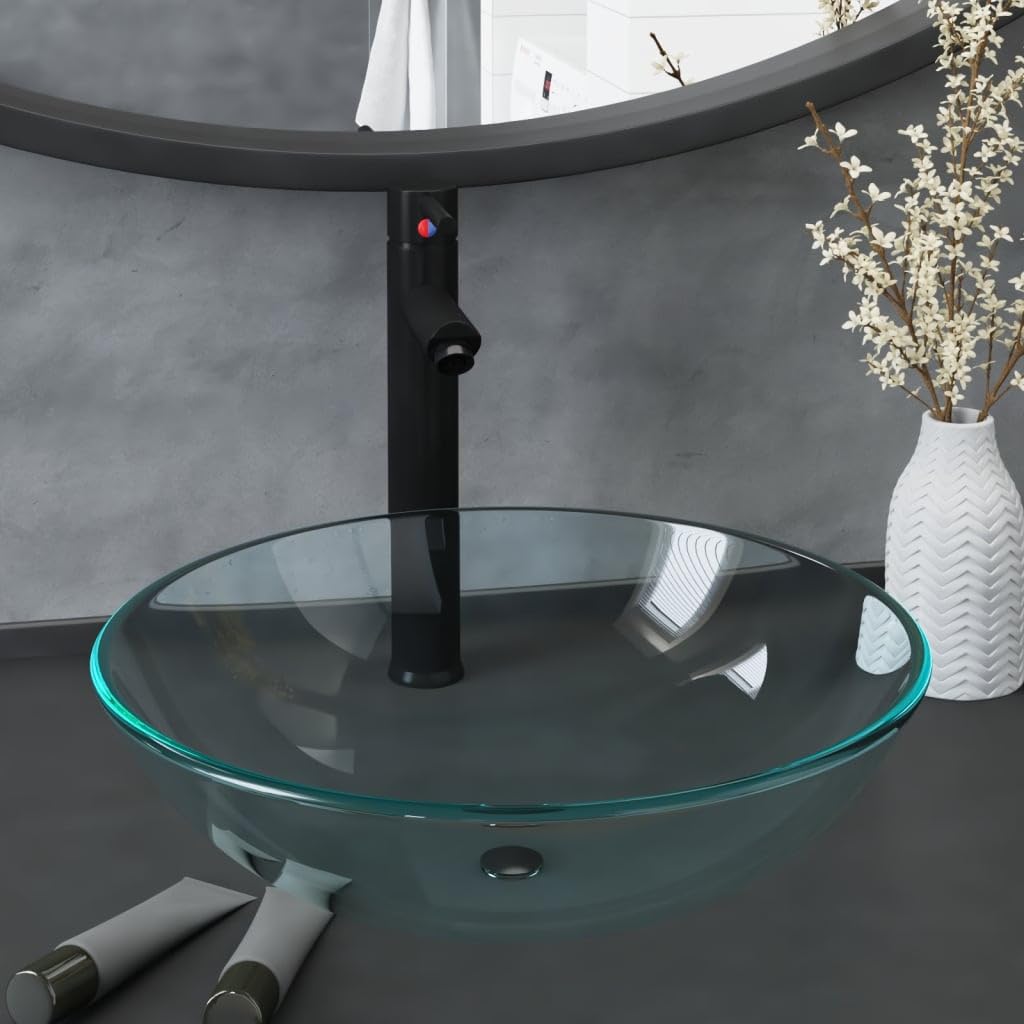 Rundes Waschbecken aus gehärtetem Glas mit Wasserhahn und Pop-up Ablaufgarnitur, transparentes Glasbecken für Badezimmer, 42 cm Durchmesser