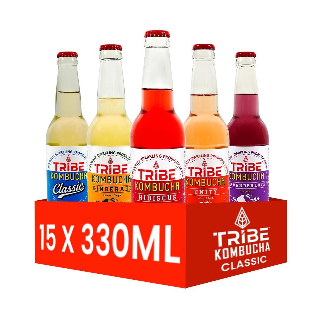 Tribe Kombucha Naturally Sparkling Probiotic Super Drink| Herbs, Spices,Ginger, Hibiscus,Lemon, Rose, Tulsi,Blue Pea Flower, Lavender | Gut Friendly | Antioxidant and Hydration | Pack of 15 |330 ML