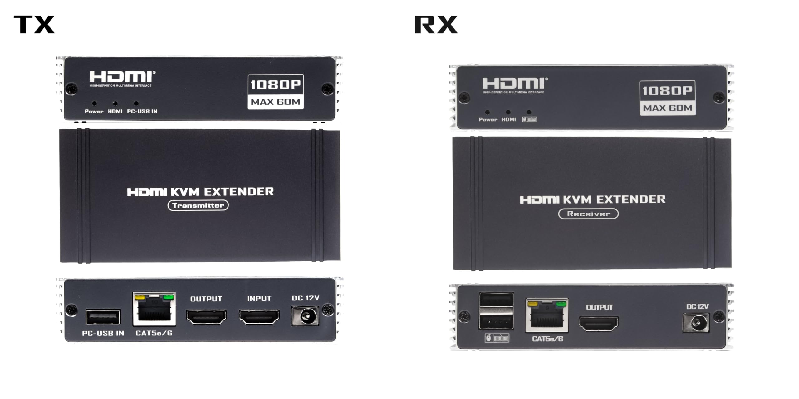 Rallonge HDMI KVM 60 m avec contrôle KVM USB RJ45 60 m sur Cat5e/Cat6 POC avec support en boucle pour clavier et souris USB pour ordinateur PC