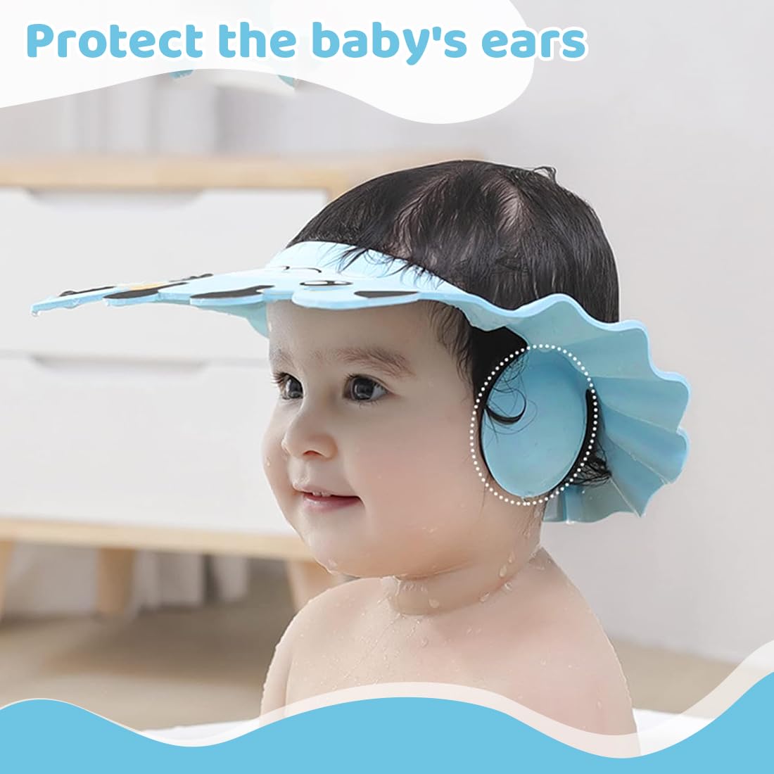 2 cuffie da doccia per bambini con protezione per le orecchie, ausili per lo shampoo, cuffie per il lavaggio dei capelli dei neonati (disegno con orso blu).