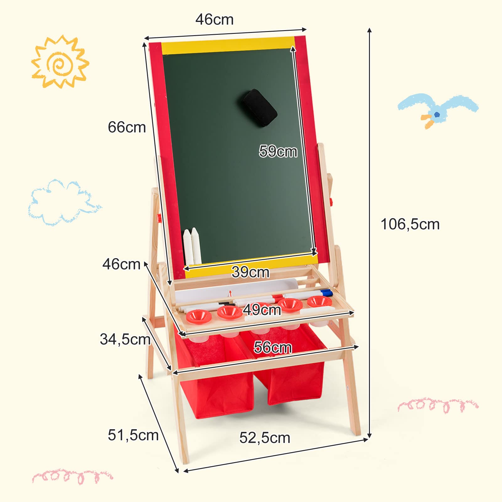 DREAMADE Kinder-Staffelei aus Holz, Doppelseitige Standtafel mit Kreidetafel und magnetischem Whiteboard, Höhenverstellbare Maltafel, inklusiv Malpapier, 2 Aufbewahrungsboxen, Halterung usw.