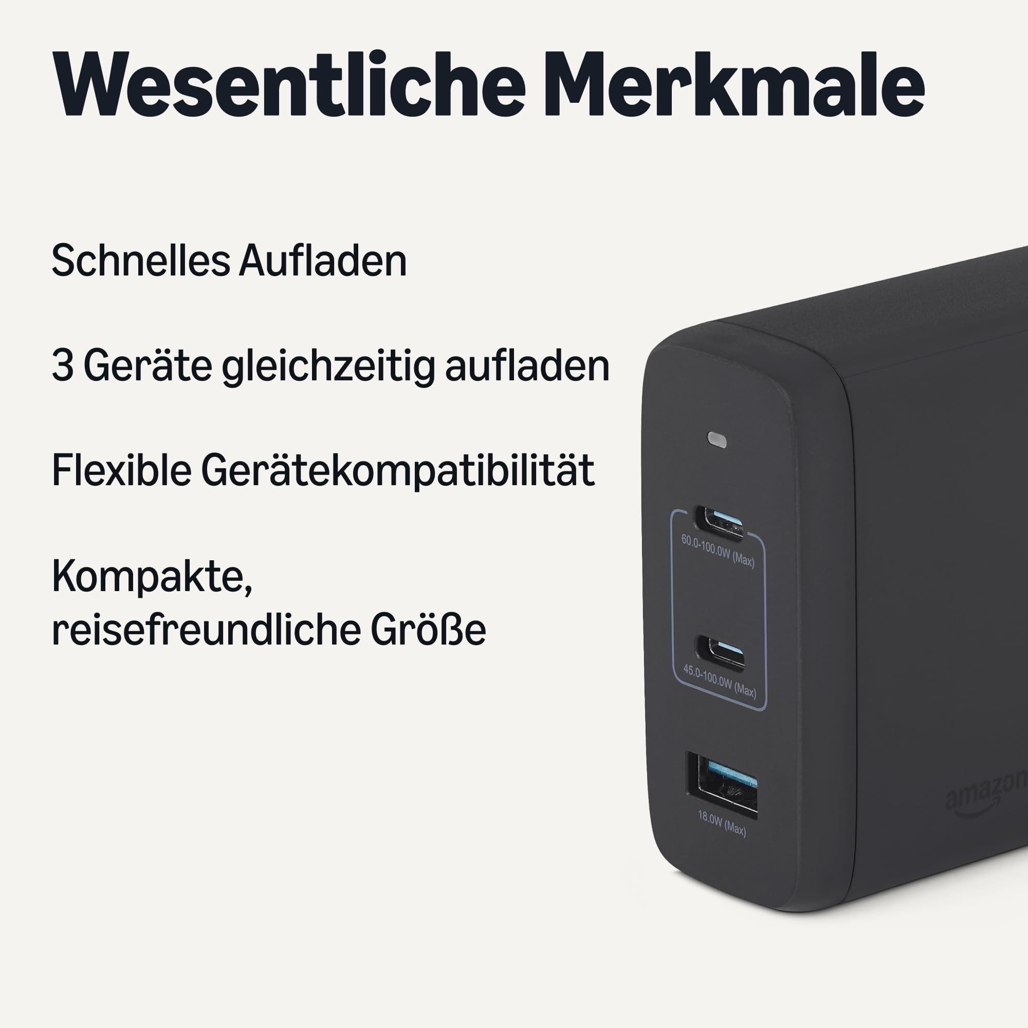 Amazon Basics USB-C-Wandladegerät mit Nano-GaN-Technologie und Schnellladefunktion, 120W, 3 Anschlüsse für Laptops, Tablets, Telefone, Schwarz