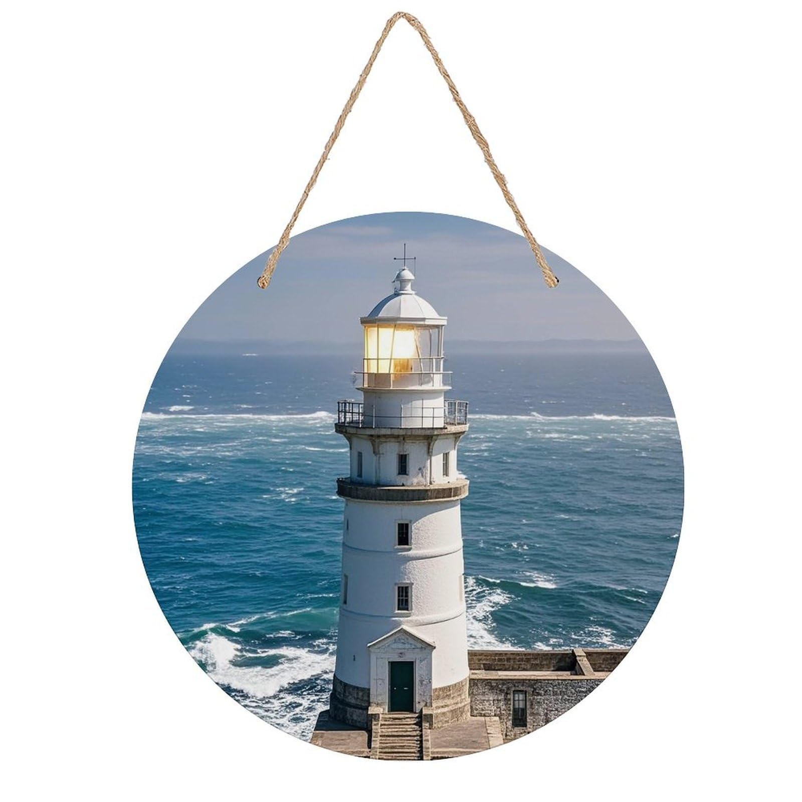 FekiLoot Round Lighthouse Sandbeach Wall Art Decor Painting Wooden Hanging Sign with Ropes Bohemian Wall Hanging Retro Mid Century Modern Wall Art for Home Bedroom Living Room 7.9x7.9 in
