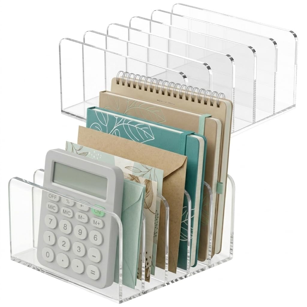 Acrylic File Holder for Desk,Clear Magazine Sorter, 5 Vertical Compartment Desk Organizer, 12.8x12.7x5.5CM Desktop File Organiser Rack Bookshelf Filing Rack for Home and Office Storage(2 Pack)