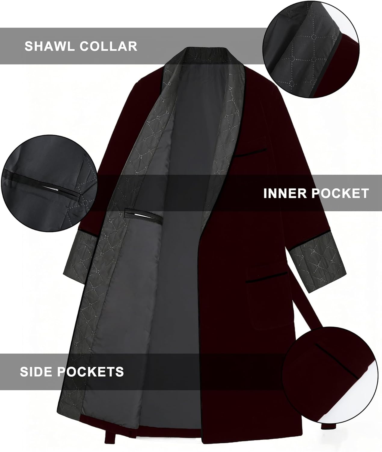 Men's Long Velvet Smoking Jacket Smoking Robe with Belt Shawl Lapel Quilted Dressing Gown