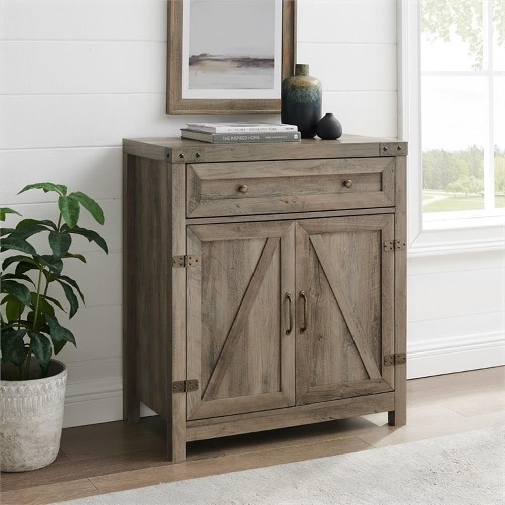 Pemberly Row Farmhouse Engineered Wood Barn Door Accent Cabinet, Gray Wash Finish, 33 in x 30 in x 15.5 in, Adjustable Shelves, 1 Drawer, Metal Hinges, Rustic Storage for Living Room or Entryway