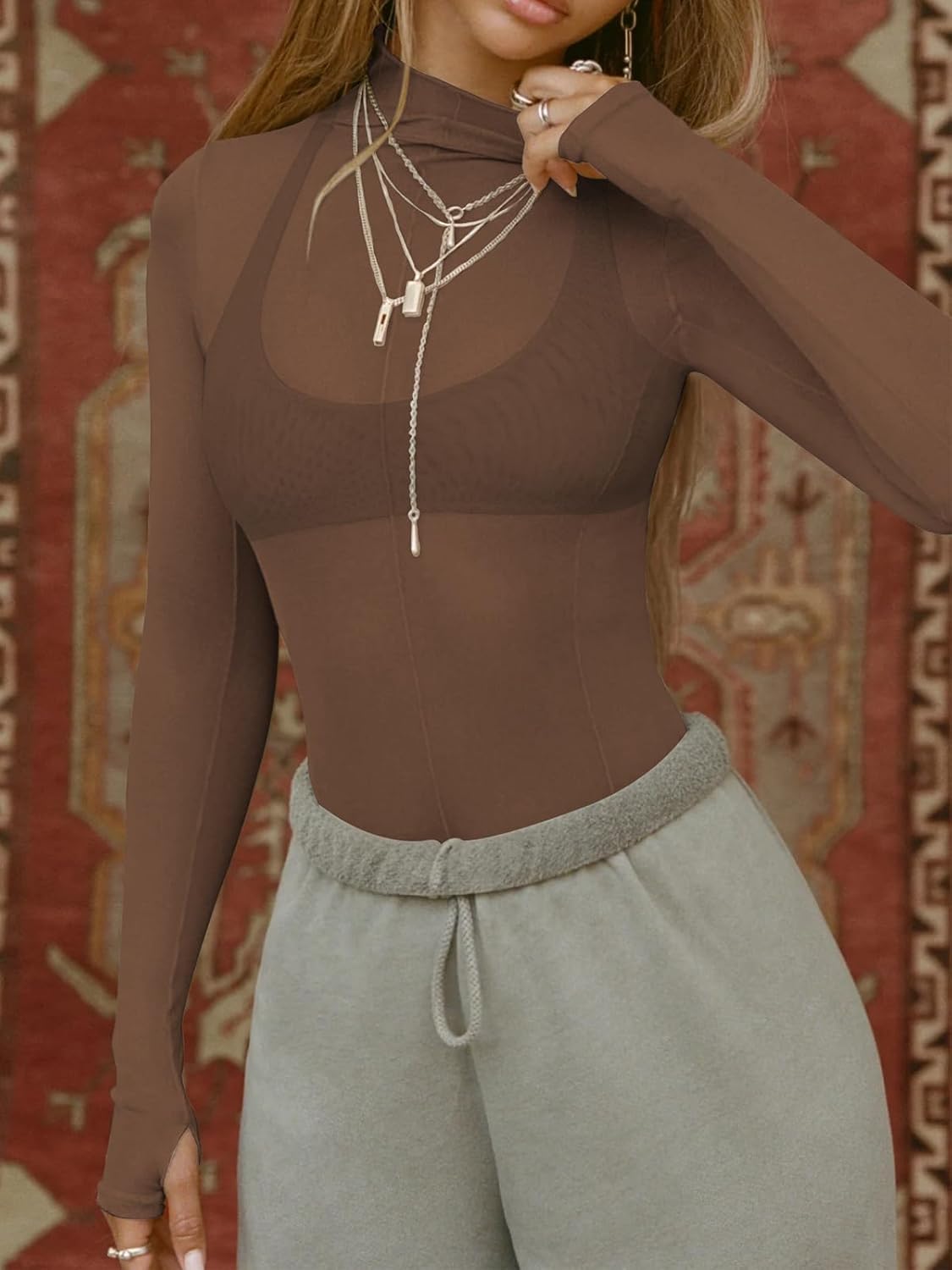 Sheer Going Out Tops for Women Sexy Long Sleeve Mock Neck Lace Spring See Through Tops Stretchy Trendy Shirts Blouse - Image 4