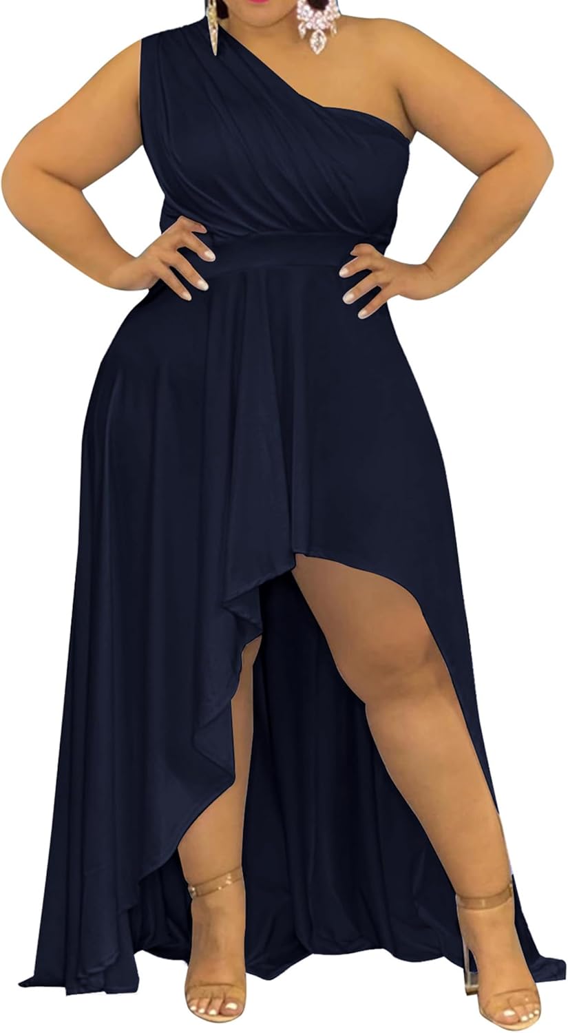 Ekaliy Women's Plus Size One Shoulder Dress Elegant High Low Irregular Hem Flowy Party Cocktail Maxi Dress
