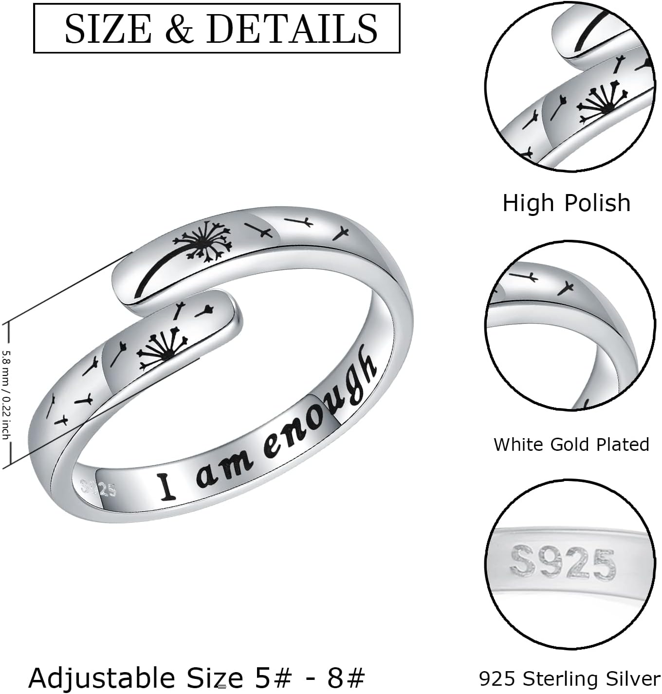 925-Sterling-Silve I Am Enough Dandelion Ring - Adjustable Open Nature Dandelion Jewelry Encouragement Inspirational Gifts for Women(Dandelion Ring)