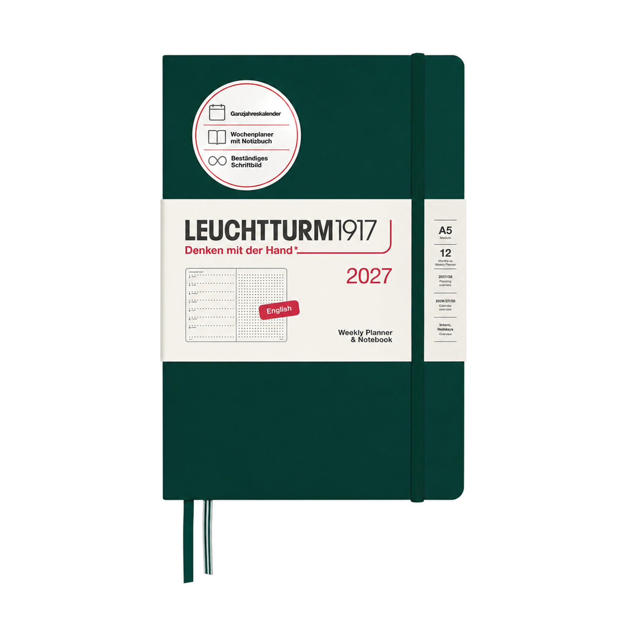 LEUCHTTURM1917 Weekly Planner 2027 Dotted Medium (A5) with Notebook, Dotted - Diary English, Forest Green, Hard Cover, January-December 2027, Week to View Left + Note Page Right