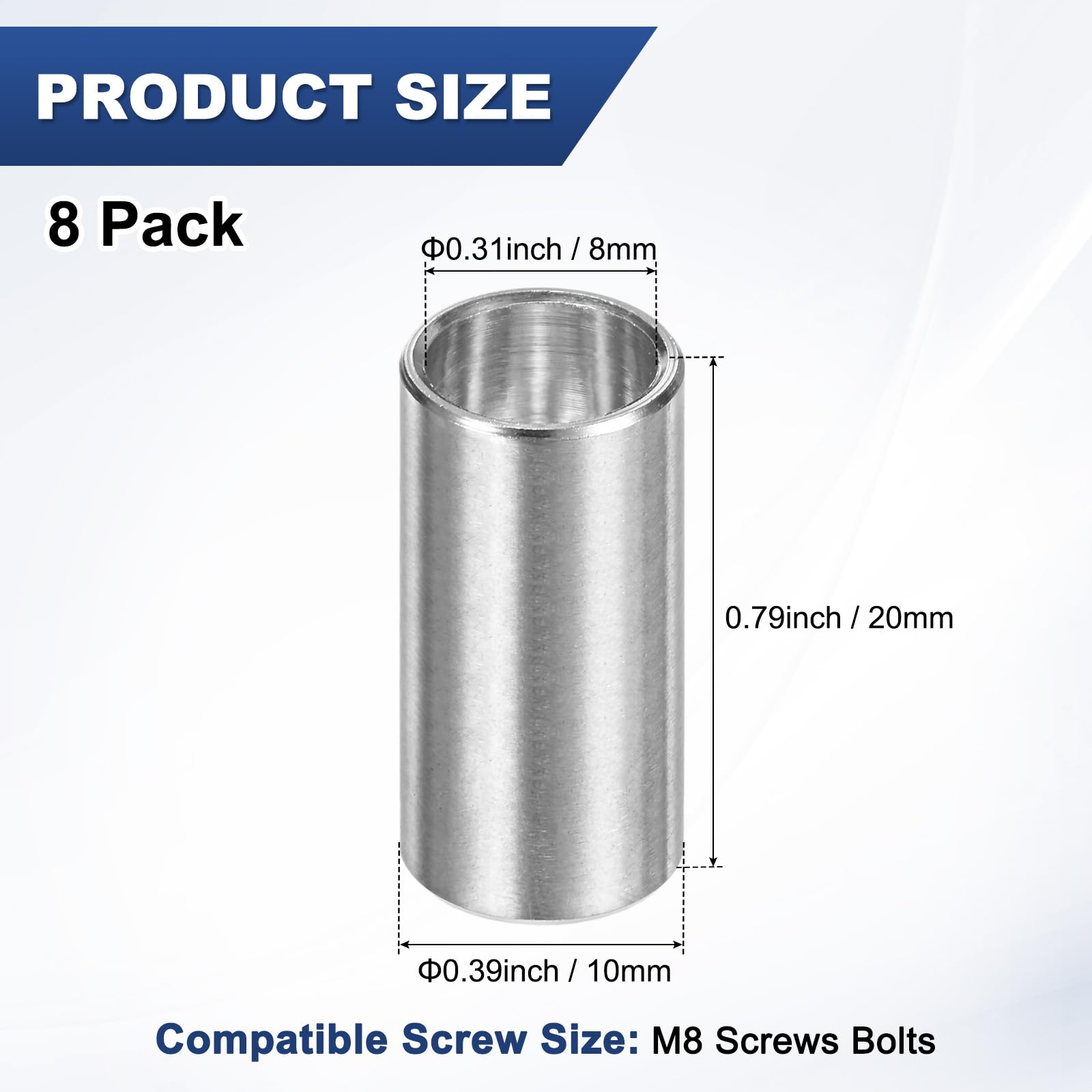 M METERXITY 8PCS M8 304 Stainless Steel Spacers 8mm ID x 10mm OD x 20mm l Metal Screw Standoff Bushing Plain Finish Round Spacer 304 Stainless Steel for Screws Bolts Silver - Image 3